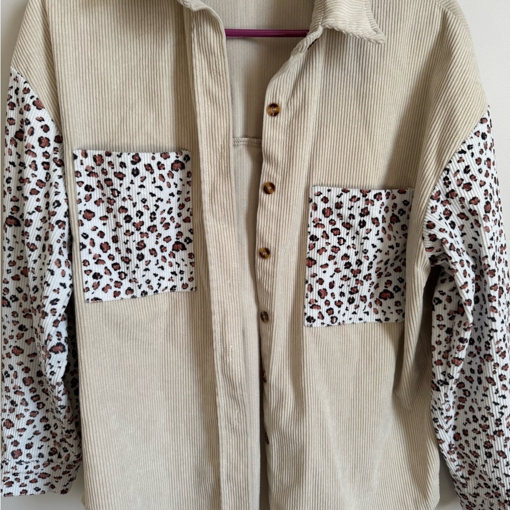 Beige Corduroy Shirt with Leopard Print Pockets